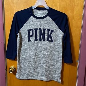 Pink quarter sleeve blue and gray T-shirt